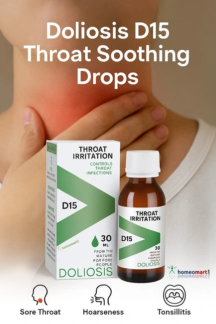 Doliosis D15 Throat Soothing Drops packaging and bottle with a person holding their sore red throat.