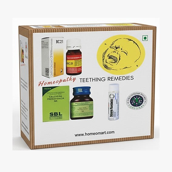 Box of SBL Reckeweg Homeopathy Teething Remedies with product images on a white background