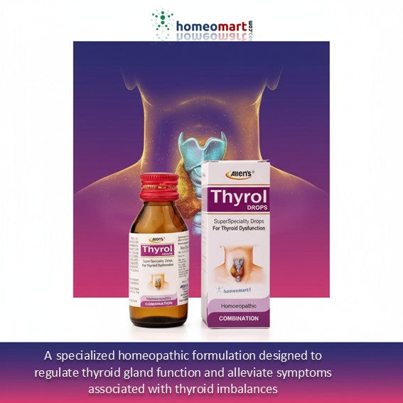 Thyrol Drops homeopathic formulation for thyroid regulation with product and packaging on a gradient background.