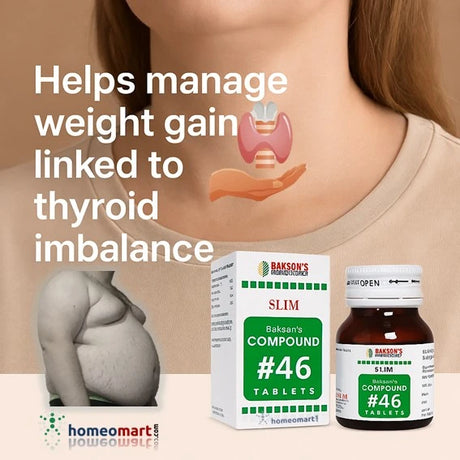 Advertisement for Bakson's Compound #46 tablets with packaging and thyroid related weight gain text on a neutral background.