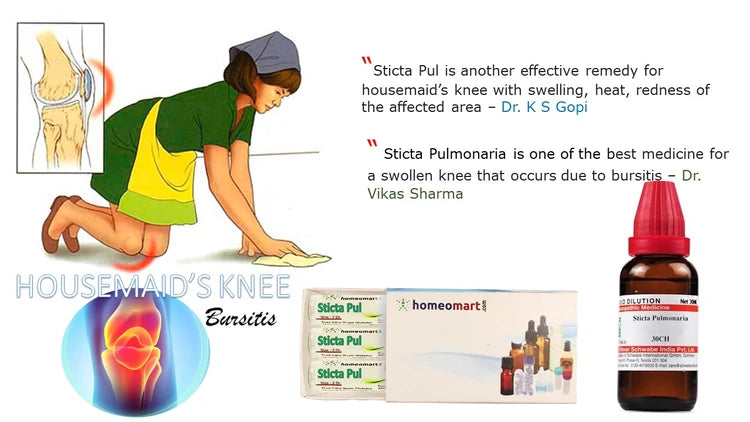 image of a house maid kneeling and working and Stictica Pulmonaria homeopathy remedies for housemaid's knee and bursitis