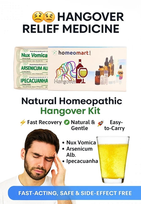 Infographic for a natural homeopathic hangover relief kit with text and images of the product.