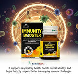 An image featuring the Allen Immunity Booster bottle and box set against a dynamic, glowing golden shield background. The shield is shown actively fending off various microscopic bacteria and virus particles that are floating in the surrounding dark space. Below the product, the text reads: "It supports respiratory health, boosts overall vitality, and helps the body respond better to everyday immune challenges.