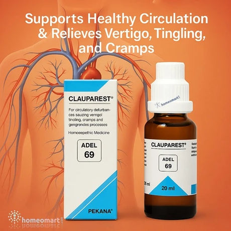 CLAUPAREST bottle and packaging with human circulatory system on an orange background