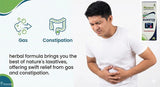 Man experiencing gas and constipation with a product advertisement for a herbal formula.