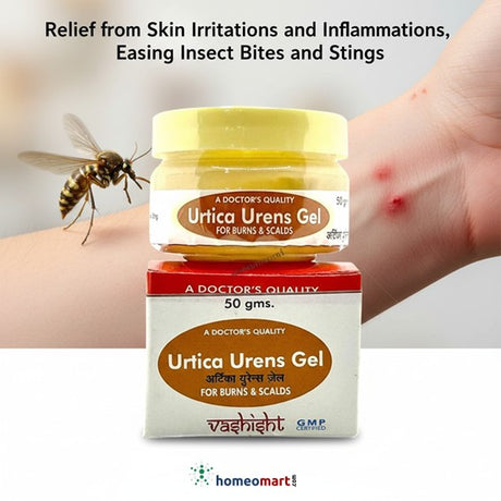 Urtica Urens Gel packaging with a bee and skin irritation on a person's arm, indicating its use for insect bites and stings.