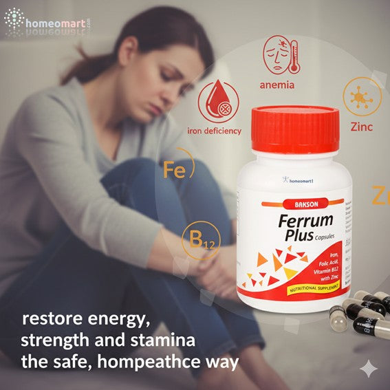 Woman with discomfort, Ferrum Plus supplement bottle, and text about energy restoration.