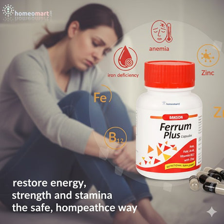 Woman with discomfort, Ferrum Plus supplement bottle, and text about energy restoration.