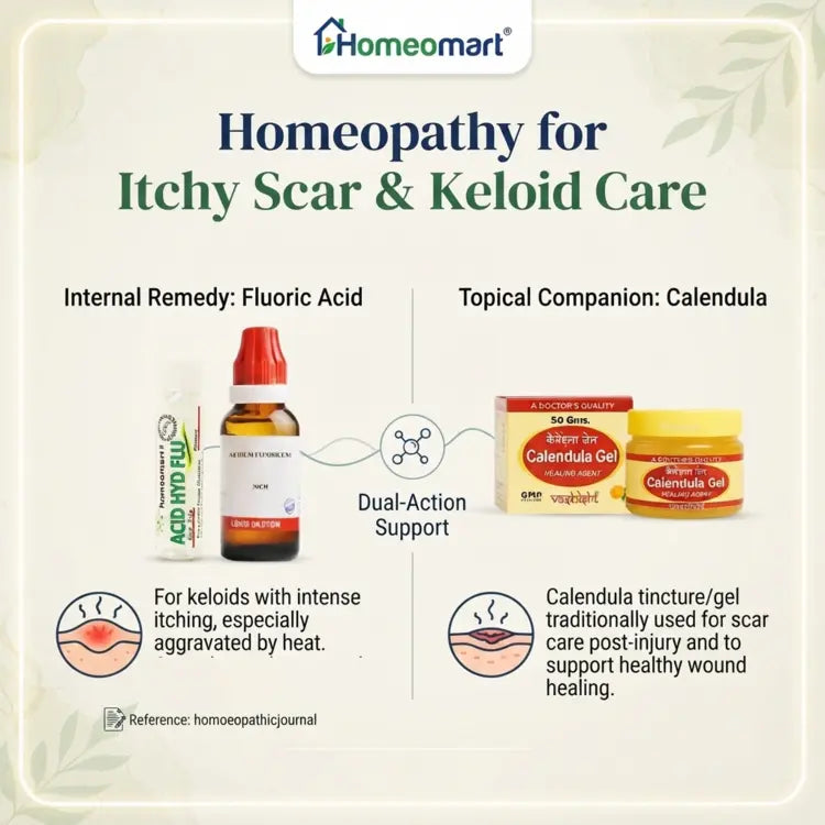 keloid itching treatment, natural relief for itchy scar tissues, calendula to cool itchy irritated keloid, best homeopathic medicine for surgical keloid scars, Thiosinaminum for keloids, homeopathy for burn scars and keloids