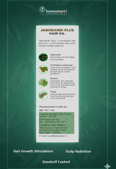 Advertisement for Jaborandi Plus hair oil with green leaf background and hair benefits