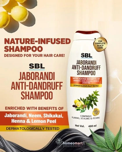 SBL Jaborandi Anti-Dandruff Shampoo with nature-infused ingredients on a beige background