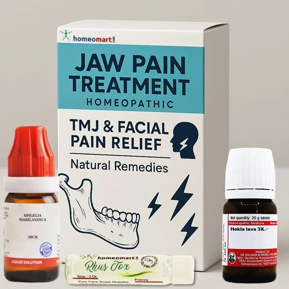 Homeopathic jaw pain treatment packaging with bottles and a box on a gray background