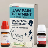 Homeopathic jaw pain treatment packaging with bottles and a box on a gray background
