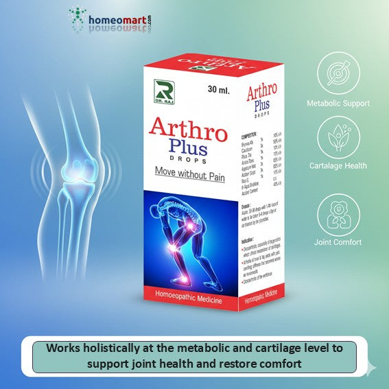 Regain mobility and freedom from joint pain with Dr. Raj Arthro Plus Drops, a trusted homeopathic formulation designed to address the discomforts of osteoarthritis.