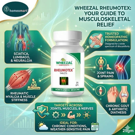 homeopathic joint pain relief, Wheezal Rheumotex tablets, sciatica homeopathy medicine, arthritis pain natural treatment, gout relief tablets, muscle stiffness remedy, neuralgia homeopathic cure, rheumatic pain tablets, homeopathy for lumbago, natural anti inflammatory tablets