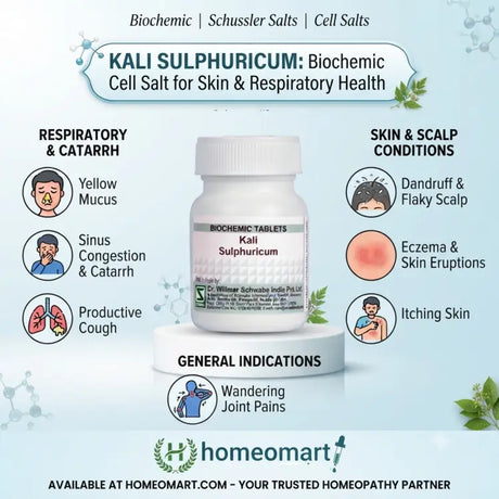 medicine for thick yellow nasal discharge, homeopathy for bronchial catarrh, kali sulphuricum for scaly skin, remedy for peeling skin and itching, tissue salt for psoriasis support, homeopathic medicine for wandering joint pains,