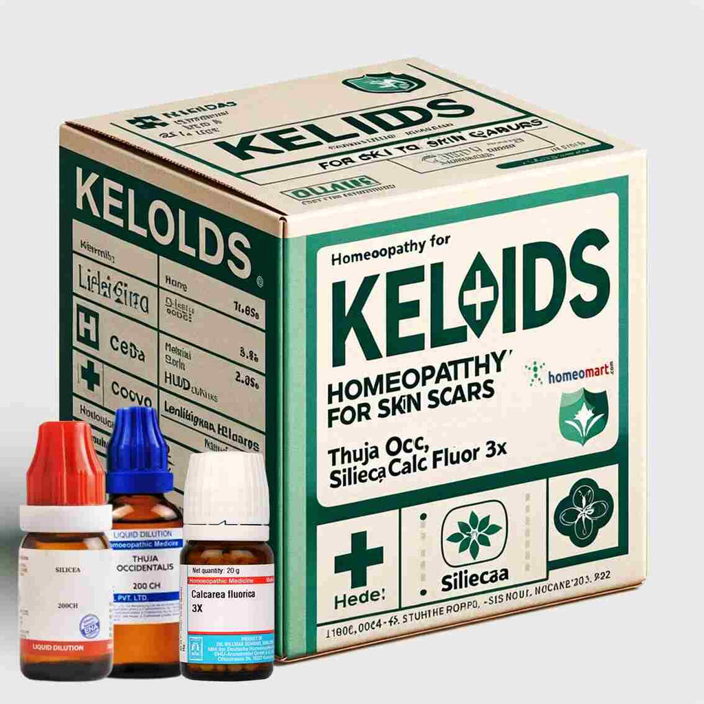 Keloids Skin scars treatment kit in homeopathy Thuja, Calcarea fluor, Silicea