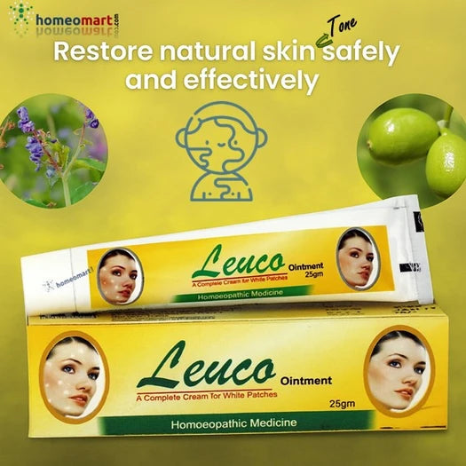 Leuco Ointment packaging with natural ingredients on a yellow background