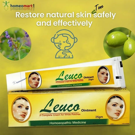 Leuco Ointment packaging with natural ingredients on a yellow background