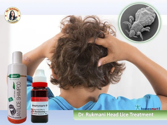 Dr. Rukmani head lice treatment with a child scratching their head, shampoo, and oil bottle displayed.