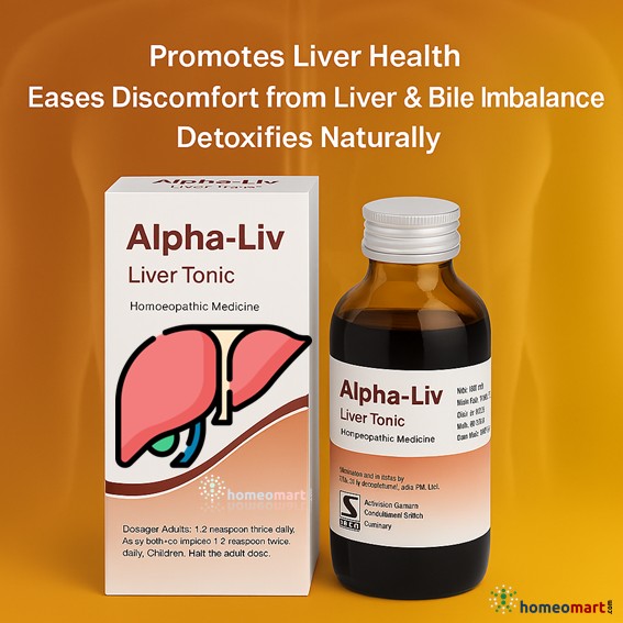 Alpha-Liv Liver Tonic packaging and bottle on an orange background