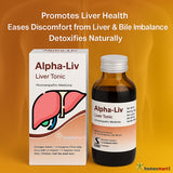 Alpha-Liv Liver Tonic packaging and bottle on an orange background
