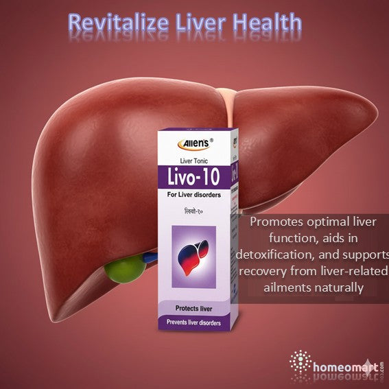 Liver tonic supplement box labeled 'Livo-10' with a liver illustration on a red background.