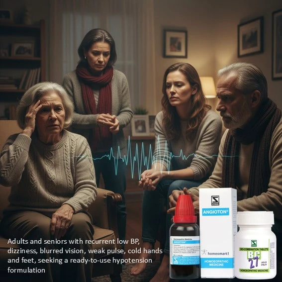 Family gathered in a living room with senior facing dizziness due to low BP medical products displayed.