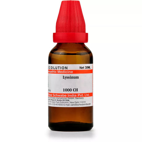 Bottle of Lyssinum 1000 CH with a red cap on a white background