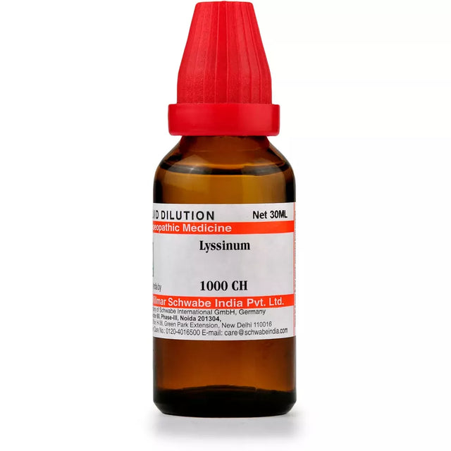 Bottle of Lyssinum 1000 CH with a red cap on a white background