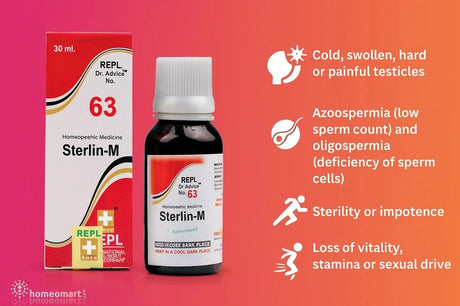 Sterlin-M homeopathic medicine bottle and packaging on a red background with text about itsbenefits in azoospermia, impotence, loss of libido