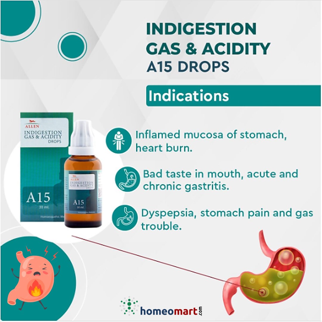 Allen A15, Allen Drops, Digestive Health, Indigestion, Acidity, Heartburn, Acid Reflux, GERD, Gastritis, Dyspepsia, Gas Relief, Flatulence, Bloating, Stomach Pain, Digestive Support, Nux Vomica, Lycopodium, Carbo Vegetabilis, Antimonium Crudum, Anacardium, Scrophularia Nodosa, Homeopathic Drops, Stomach Health, Digestive Wellness, Acid Control