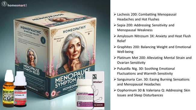 Homeopathic menopause symptom relief product with packaging and bottles on a gray background