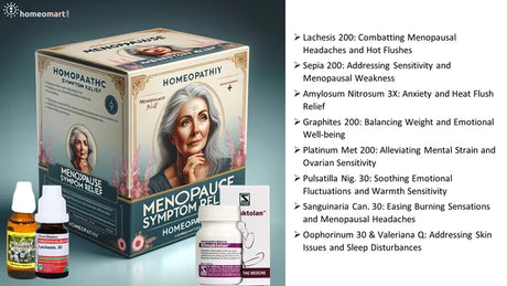 Homeopathic menopause symptom relief product with packaging and bottles on a gray background