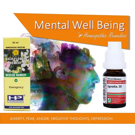 Homeopathic remedies for mental well-being with colorful depiction of a person's head and remedies like Ignatia 