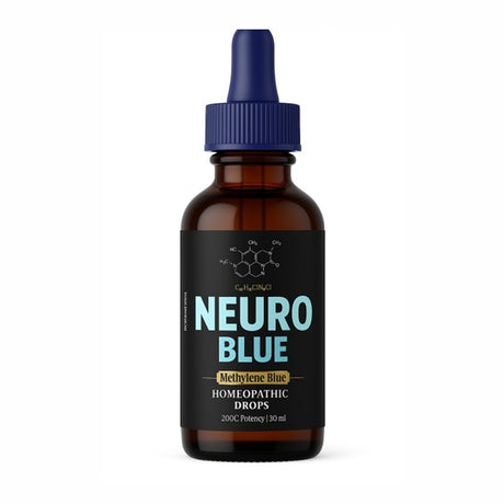 Bottle of Neuro Blue homeopathic drops on a white background