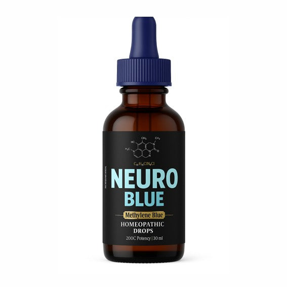 Bottle of Neuro Blue homeopathic drops on a white background