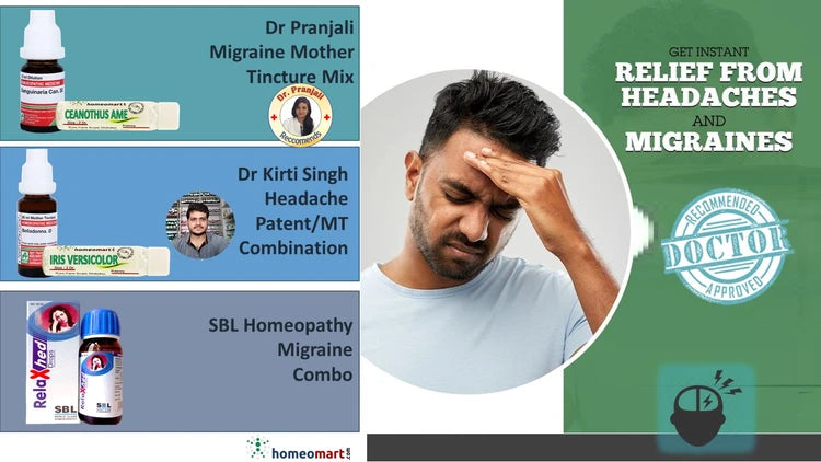 Promotional graphic for headache and migraine relief products with images of bottles and a migraine affected person holding their head.