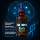 Bottle of Neuro Blue drops with brain and DNA strand graphics on a dark background