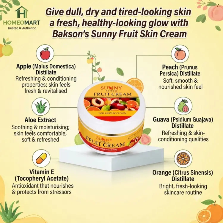 Bakson, Sunny Fruit Cream, Sunny Fruit Skin Cream, fruit cream, fruit facial, face cream, moisturising cream, skin moisturiser, dry skin, dull skin, rough skin, Vitamin E, Apple, Peach, Guava, Orange, Aloe Vera, Olive Oil, Kokum Butter, daily skincare, facial massage, nourishing skincare, 100g cream, Bakson skincare, cosmetic cream, face moisturiser