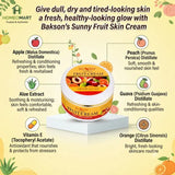Bakson, Sunny Fruit Cream, Sunny Fruit Skin Cream, fruit cream, fruit facial, face cream, moisturising cream, skin moisturiser, dry skin, dull skin, rough skin, Vitamin E, Apple, Peach, Guava, Orange, Aloe Vera, Olive Oil, Kokum Butter, daily skincare, facial massage, nourishing skincare, 100g cream, Bakson skincare, cosmetic cream, face moisturiser