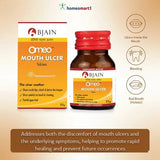 image of a mouth ulcer tablet bottle with icons of oral health symptoms and benefits 