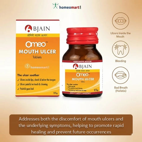 image of a mouth ulcer tablet bottle with icons of oral health symptoms and benefits 