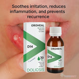 Oroheal D14 packaging and bottle with text about relieving mouth ulcers.