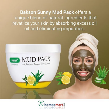 Bakson Sunny Mud Pack with a woman wearing a mud pack on her face against a brown background  Experiencing Deep Cleansing and Rejuvenation  