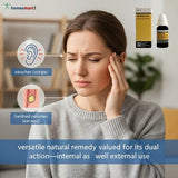 Woman with ear pain holding her ear, with homeopathic remedies displayed.