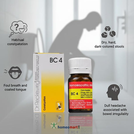 Dr. Reckeweg BC 4 homeopathic medicine bottle and packaging with symptoms associated with constipation on a toilet background