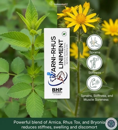 Box of Arn-Rhus Liniment with plant and flower imagery on a green with icons of  Sprains, Stiffness, and Muscle Sorenes in sbackground