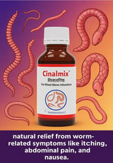 Cinalmix bottle with intestinal worm illustrations on a gradient background