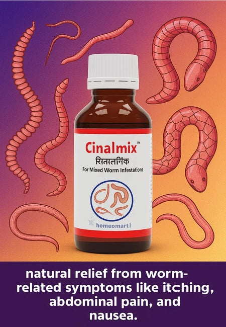 Cinalmix bottle with intestinal worm illustrations on a gradient background